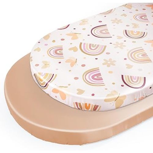 Unicorn Castle Satin Bassinet Sheets Baby 2 Pack Soft for Baby Hair Skin Fitted Bedside Bassinet Sheets for Newborn for Oval Rectangle Hourglass Bassinet Mattress,Beige Butterfly- Brown