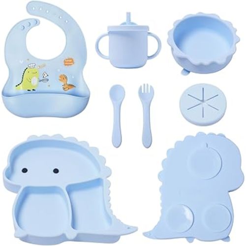 Silicone Baby Feeding Set, Baby Led Weaning Supplies, Eating Essentials Utensils with Suction Plate and Bowl, Pocket Bib, Sippy Cup with Lid, Forks Spoons Snack Container (Tropical Blue) 6M +