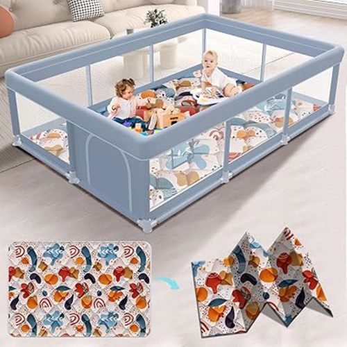 XVISHX 74 x 50 Inch Baby Playpen with Mat, Playpen for Babies and Toddlers, Baby Playard for Indoor & Outdoor Active Center Game Fence, with Skin-Friendly Fabric and Soft Breathable Mesh, Grey
