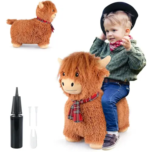 SuzziPals Bouncy Highland Cow Hopper Toys, Inflatable Cow Ride on Bouncer, Indoor Outdoor Highland Cows Plush Bouncy Horse for Toddlers & Kids, Bouncing Animals Toddler Toys, Toddler Gifts
