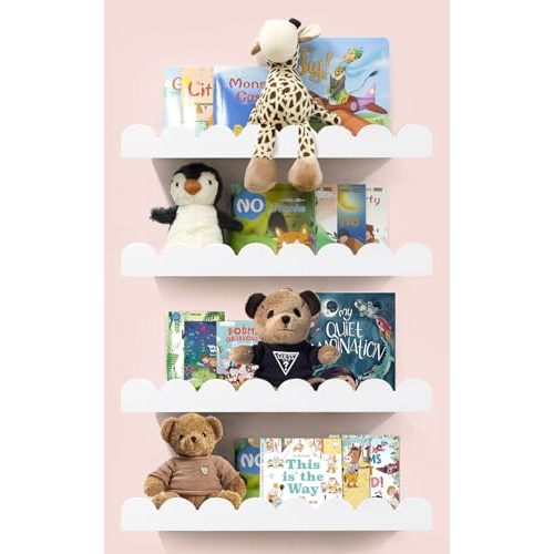 icnjdMopclean Scalloped Shelves for Nursery - Wall Book Shelves for Bedroom Kids, Nursery Bookshelf for Wall Set of 4, Floating Book Shelves Solid Wood,16 Inch, White