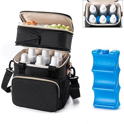 Breastmilk Cooler Bag with Ice Pack Fits 6 Baby Bottles Up to 9 Ounce, Expandable Double-layer Leak-Proof Cooler Bag with Shoulder Strap for Nursing & Working Mom, Black
