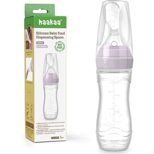 Haakaa Silicone Baby Food Dispensing Spoon Feeder 4oz - Infant Squeeze Cereal Feeder, Baby Fresh Food Feeder, Feed Bottle for Puree, Solid Baby Food, BPA Free, 4m+ Babies – Lavender