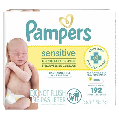 Pampers Baby Wipes Sensitive, Water Based Wipes, Hypoallergenic and Unscented Wipes, 192 Wipes Total (3 Refill Packs)