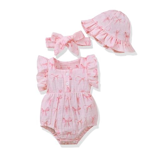 Renotemy Baby Girl Clothes Infant Summer Romper Cotton Linen Newborn Essentials Photography Preemie Outfits with Hat&Headband