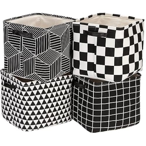 Sea Team Foldable Large Square New Black and White Geometric Theme 100% Natural Linen & Cotton Fabric Storage Bins Storage Baskets Organizers for Shelves & Desks - Set of 4 (Black)