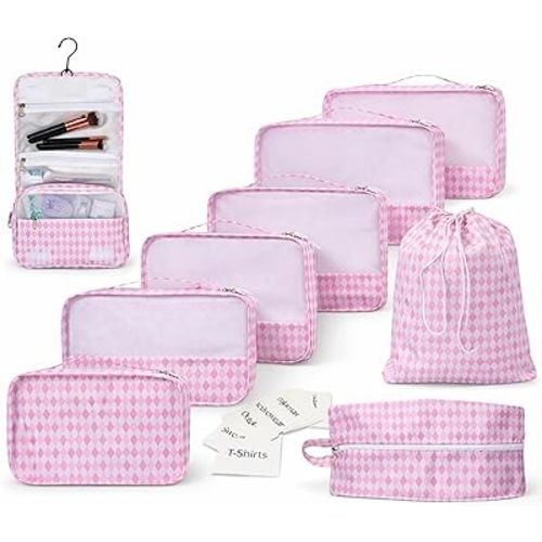 Packing Cubes Set-Cute Packing Cubes for Travel, Luggage Organizer Bags for Suitcase, Perfect for Kids and Family, Floral, Neutral & Aesthetic Travel Organizer Set -Pink