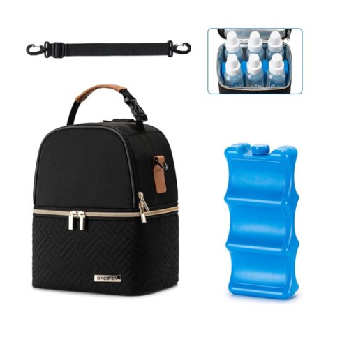 Breastmilk Cooler Bag with Ice Pack Fits 6 Baby Bottles up to 9 Ounce, Breast Milk Pump Cooler Bag with Shoulder Strap for Nursing Mom Daycare, Work, Travel- Black