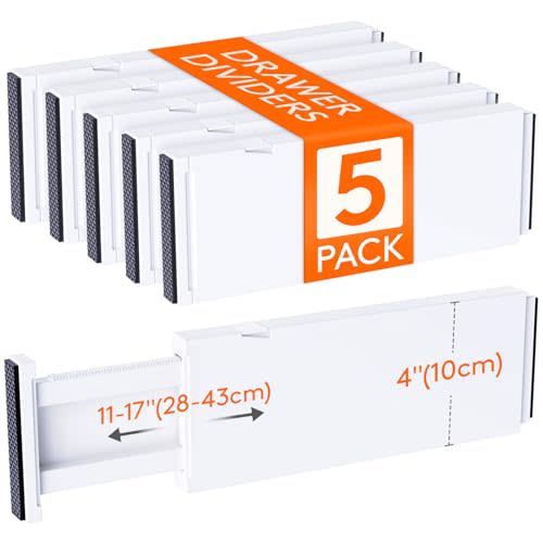 Lifewit 5 Pack 4" High Drawer Dividers 28-43.5cm/11-17" Adjustable Drawer Organizer for Clothes/Utensils, Expandable Drawer Separator in Dresser/Kitchen/Bedroom/Office Organization & Storage White