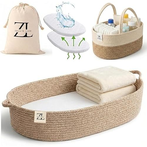 ZEAL'N LIFE Luxury 5-in-1 Baby Changing Basket Set – Portable Moses Basket with Waterproof Changing Pad, Diaper Caddy, Cozy Blanket & Tote Bag, Gift for Expecting Moms, Babies Moses Basket for Babies