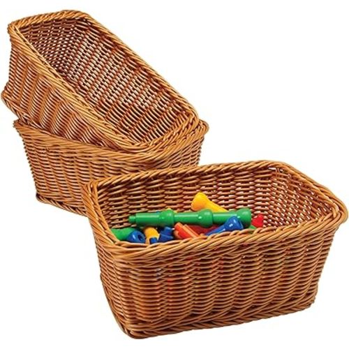 Set of 3 Rectangular Plastic Woven Storage Baskets, Organization Bins for Classroom, Home Decor, or Office Use, 11" x 7" x 5"