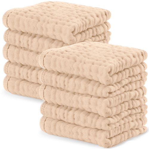 Comfy Cubs Baby Washcloths, Muslin Cotton Baby Towels, Large 10”x10” Wash Cloths (Cream, Pack of 10)