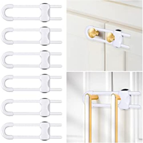 6 Packs Sliding Cabinet Locks, Tuceyea Baby Proofing U-Shaped Child Safety Latches Adjustable White Locks for Handles Knobs Drawers Closet Cupboard
