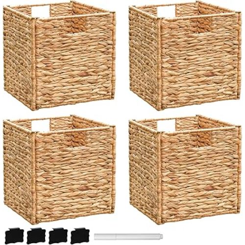 12x12x12 Storage Cube, Water Hyacinth Storage Baskets, Wicker Storage Baskets for Shelves, Woven Baskets for Storage, Square Wicker Storage Basket for Living Room (4 Packs 12x12in)