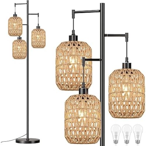 Floor Lamp for Living Room,Bedroom,Boho Rattan Tree 3 Lights Farmhouse Floor Lights,Industrial Black Standing Lamp Wicker Rustic Tall Lamp,Woven Bamboo LampShade Floor Lamps Bohemian