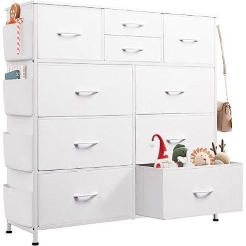 WLIVE 10 Drawer White Fabric Dresser for Bedroom, Side Pockets Chest