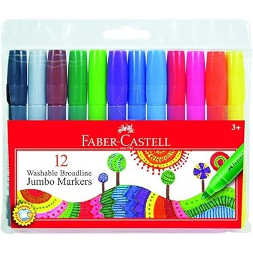 Faber-Castell Jumbo Broad Line Markers - 12 Colored Markers - Non-Toxic Supplies for Kids