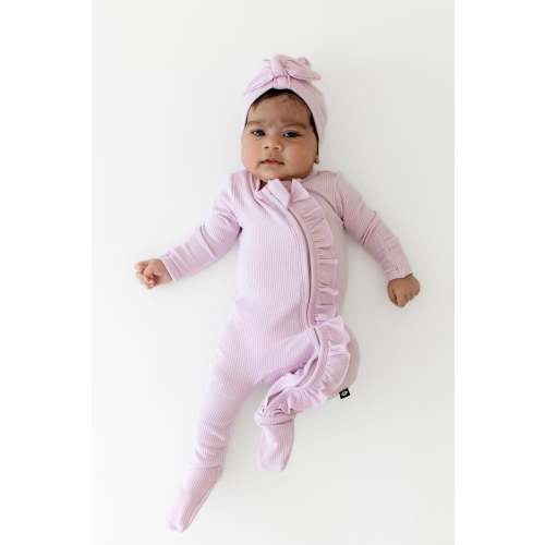 Ribbed Ruffle Zipper Footie in Thistle
