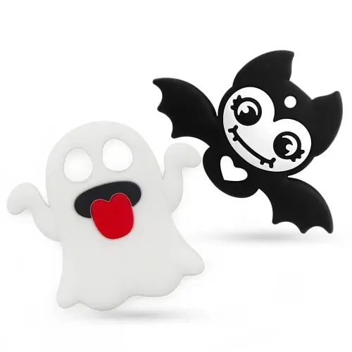 Teething Toys for Babies, PAPACHOO 2 Pack Halloween Soft Silicone Baby Soothing Teether Chew Toys (Ghosts & Bats)