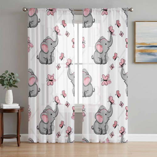 Cute Elephants Sheer Curtains 72 Inch Length 2 Panels for Living Room, Cartoon Funny Butterflies Pink Voile Kitchen Curtain Set, Luxury Privacy Drapes Window Treatment for Bedroom