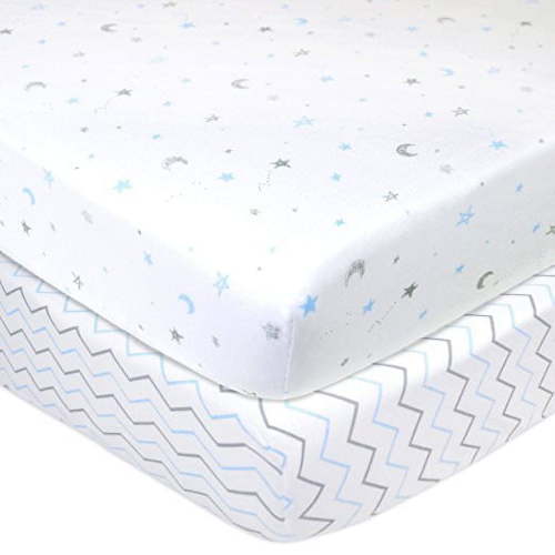 American Baby Company 2 Pack 100% Natural Cotton Fitted Crib Sheets 52" x 28" - Soft, Breathable, Hypoallergenic & Gentle Toddler Bed Sheets, Blue Stars/Zigzag, Neutral for Boys & Girls