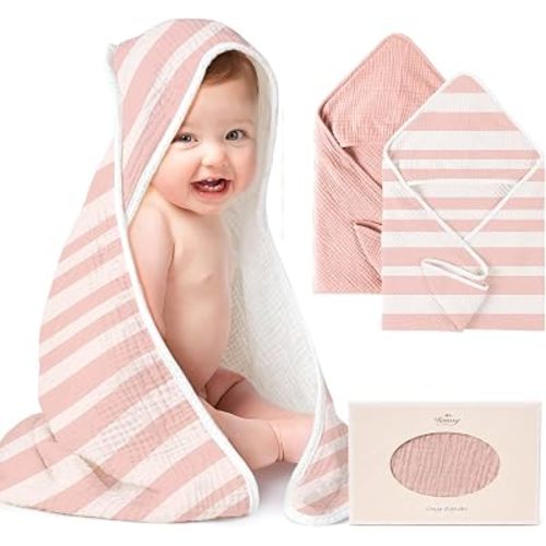 Konssy 2-Pack 100% Muslin Cotton Hooded Baby Bath Towels for Boys and Girls