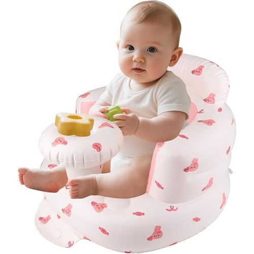 Inflatable Baby Seat with Tray, Sit Me Up Floor Seat for Baby for 3-36 Months Built in Air Pump Blow Up Floor Chair Back Support - Rabbit