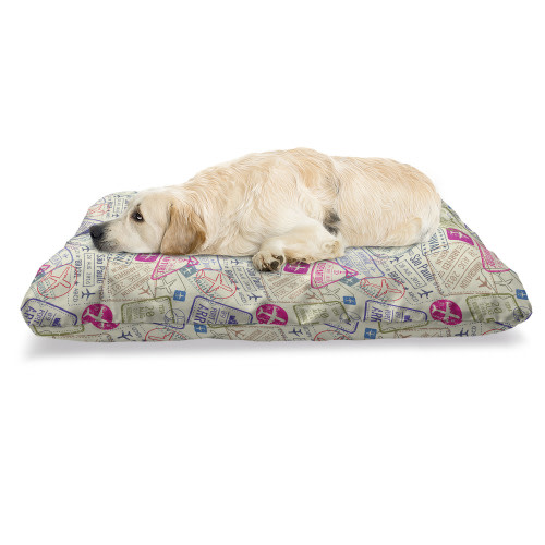 Travel Pet Bed, Passport and Visa Stamps Illustration of Toronto Hong Kong Berlin Print, Chew Resistant Pad for Dogs and Cats Cushion with Removable Cover, 24" x 39", Eggshell and Pink, by Ambesonne