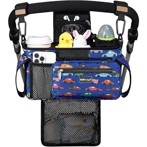 TOPDesign Universal Baby Stroller Organizer, Stroller Caddy with Detachable Mesh Bag & Heightened Insulated Cup Holders & Non-Slip Secure Hooks Accessories, Fits Most Strollers (Cars)
