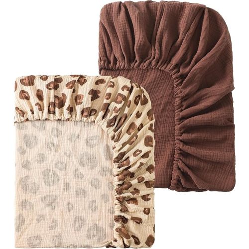 Baby Crib Sheets 2 PCS, 100% Organic Cotton Fitted Crib Sheet for Standard Crib Mattress (52"x28"), Soft and Breathable for Girl and Boy, Leopard Print, Khaki