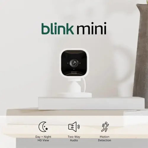 Blink Mini - Compact indoor plug-in smart security camera, 1080p HD video, night vision, motion detection, two-way audio, easy set up, Works with Alexa – 2 cameras (White)