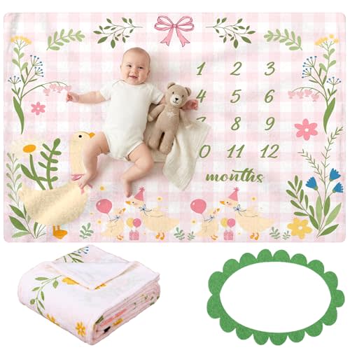 Frienda Silly Goose Baby Milestone Monthly Blanket for Boy & Girls 40 x 50 Inches Floral Flannel Blanket Newborn Infant Swaddle Milestone Monthly Photography Background with Wreath for Nursery Decor