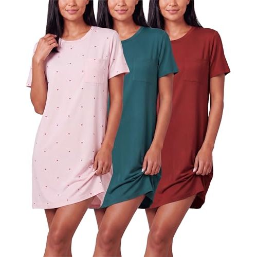 3 Pack Women's Nightgowns Short Sleeve Sleep Shirts Nightshirt Pajama Dress | Available In Plus Size, Soft, Cute Summer House Lounge Adult Ladies Nighties, Cooling Lightweight Stretch, Crew Neck Home