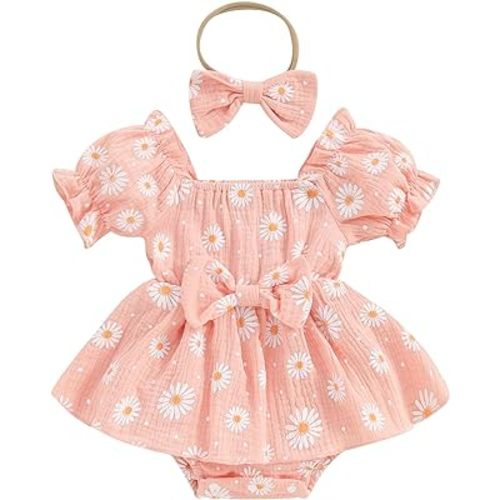 Baby Girls Daisy Romper Bowknot Bodysuit+Headband Short Sleeve Playsuits Floral Jumpsuit Infant Summer Clothes