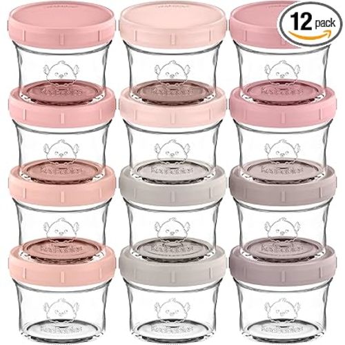 KeaBabies 12pk 4oz Glass Baby Food Containers with Lids - Leak-Proof, Microwavable Small Glass Jars, Baby Purees & Toddler Snack Storage Containers, BPA-Free, Dishwasher & Freezer Safe (Roseate)