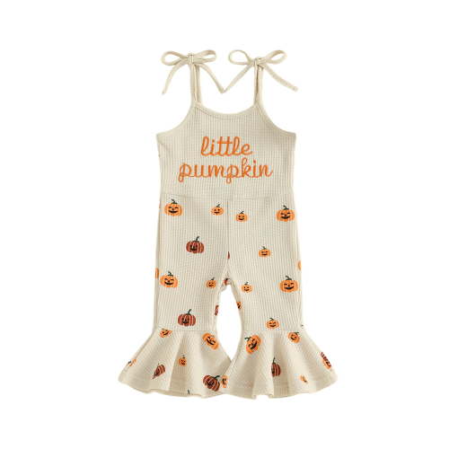 Jxzom Baby Girl Halloween Outfit Pumpkin Ribbed Toddler Romper Overalls Jumpsuit Spaghetti Strap Pumpkin Bell Bottoms Outfits
