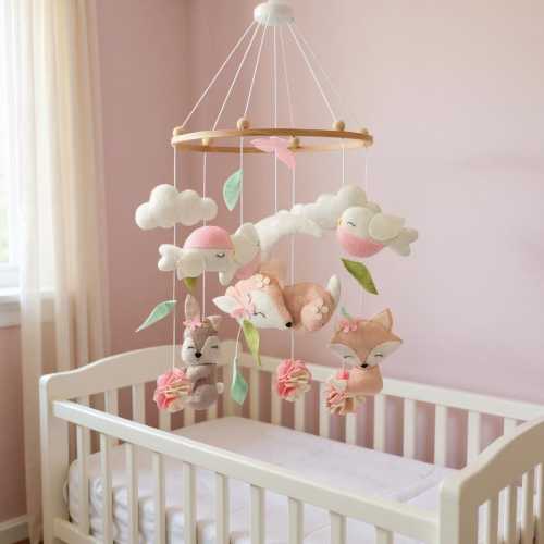 Woodland Baby Girl Nursery Mobile | Pink Fawn Deer Fox Bunny Felt Crib Mobile | Forest Animal Newborn Decor for Baby Room