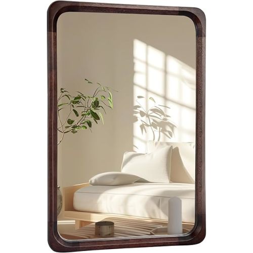 Tanmicoshomy Solid Wood Bathroom Mirror 20x30 Inch | Tempered Glass, Black Walnut Wooden Frame, Rounded Corner Design ,Decorative Wall Hanging Mirror for Bedroom, Living Room