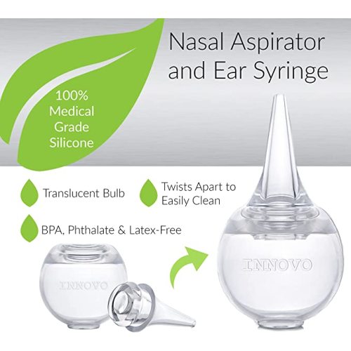 Innovo Hospital Grade Silicone Twister Bulb Baby Ear Syringe and Nasal Aspirator, Sucks Snot and Mucus, Nasal Bulb Ear Syringe, Cleanable and Reusable Clear White