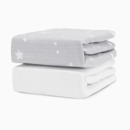 2-Pack Organic Cotton Breathable Crib Sheets - Stardust In Twilight Grey + Solid White