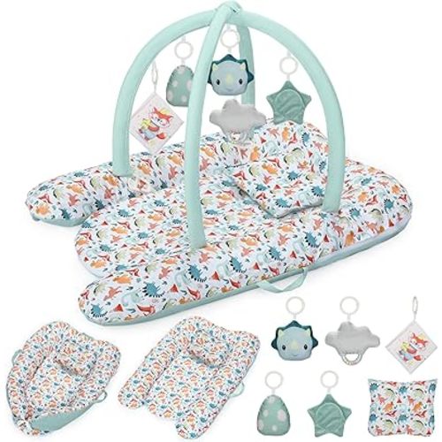 7-in-1 Baby Play Mat & Activity Gym, Baby Gym - 0-12 Months Multi-Use Play Center with 5 Hanging Sensory Toys, Tummy Time Pillow for Early Development, Dinosaur
