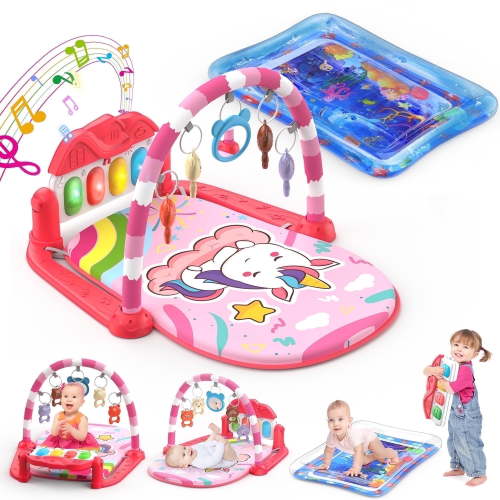 WonderStone 2 in 1 Baby Gym Playmat, Tummy Time Water Mat with 5 Infant Sensory Toys & Play Piano, Boys and Girls Newborn Gift 0-12 Month (Blue)