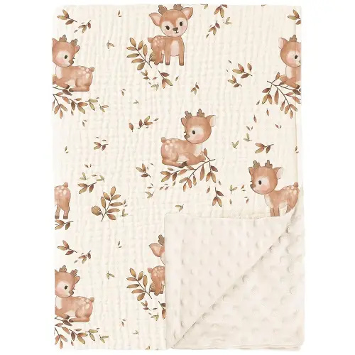 Konssy Baby Blankets for Unisex Boys Girls, Super Soft Nursery Minky Blankets with Muslin Cotton Front and Dotted Fleece Backing, Printed Bed Throws Newborn