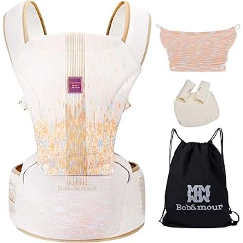 Bebamour Baby Carrier Newborn to Toddler with Hip Seat Baby Carrier Front and Back Carry Carrier with Head Hood, 3 PCS Teething Pads,Storage Bag (White-Knit)