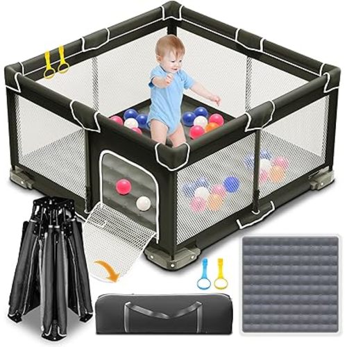 Foldable Playpen for Babies and Toddlers, 50x50 Inches Portable Playpen, Kids Collapsible Play Pen with 2 Handlers, Indoor & Outdoor Baby Fence Play Area with Visible Mesh, Black