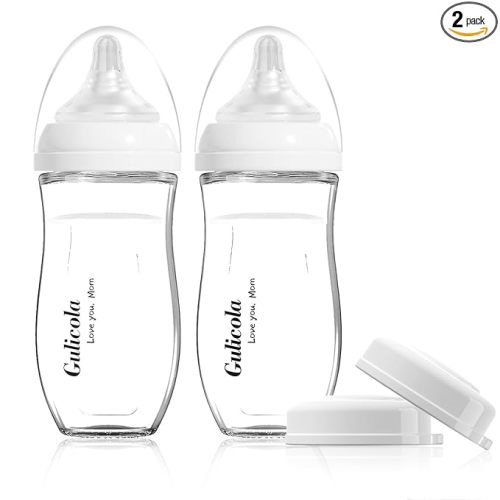 Gulicola Natural Glass Baby Bottle for Breastfed Babies, Anti-Colic Baby Bottle Set with Medium Flow Nipple, 3 Months +, 8 oz, 2 Pack - White