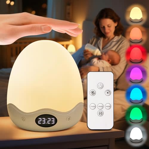 COOLNIGHT Nursery Night Light with Clock,10 Brightness+10 Colors Egg Light | 3600mAh,Touch Dimmable,Timer,Remote,Rechargeable,Portable,Eye Caring,for Breastfeeding,Registry Essential[Baby,Newborn,Kids]