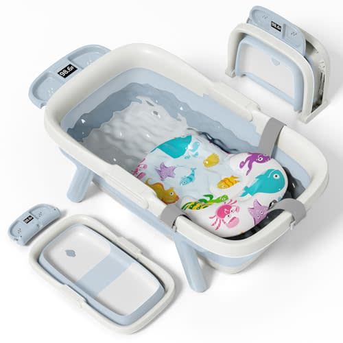 Collapsible Baby Bathtub, Large Infant Bath Tub with Thermometer & Cute Soft Cushion for Newborn to 36-Month Toddlers, Storage and Non-Slip Feet Design, Baby Bath Gift (Blue)