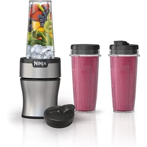 Ninja BN301 Nutri-Blender Plus Compact Personal Blender, 900-Peak-Watt Motor, Frozen Drinks, Smoothies, Sauces & More, (3) 20 oz. To-Go Cups, (2) Spout-Lids (1) Storage-Lid, Dishwasher Safe, Silver