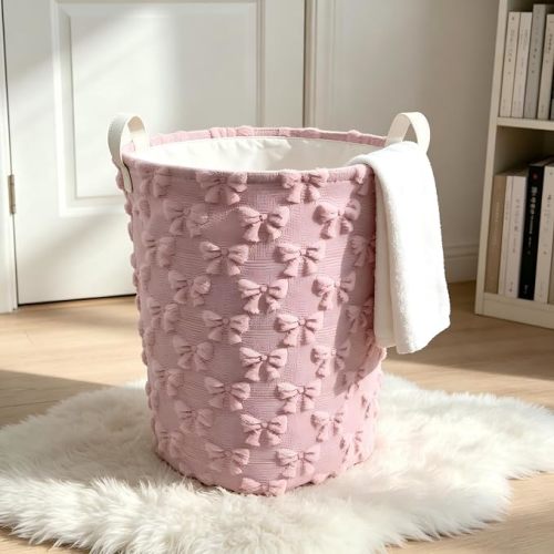 Plush Laundry Basket 3D Embossed Bow, Round Storage Hamper (small pink bow)